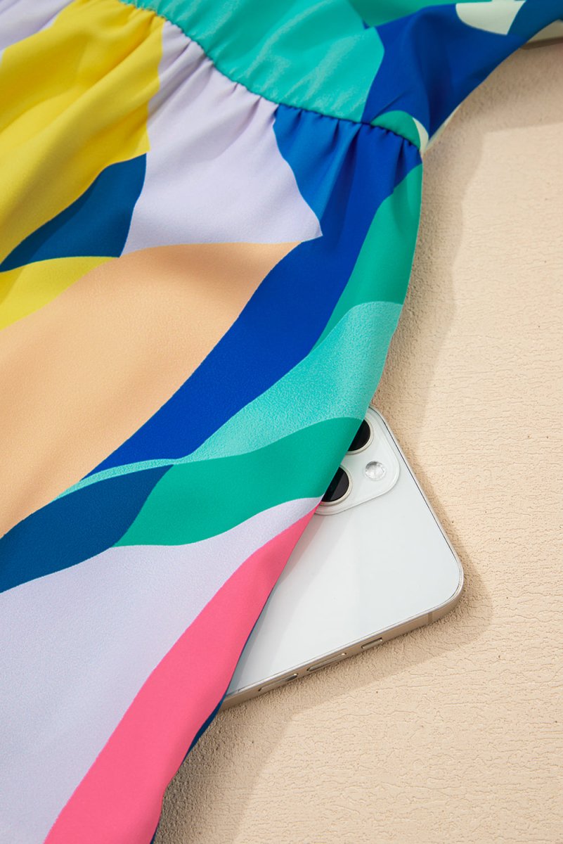 Blue Abstract Print V Neck Cap Sleeve Pocketed Mini Dress - Love Salve